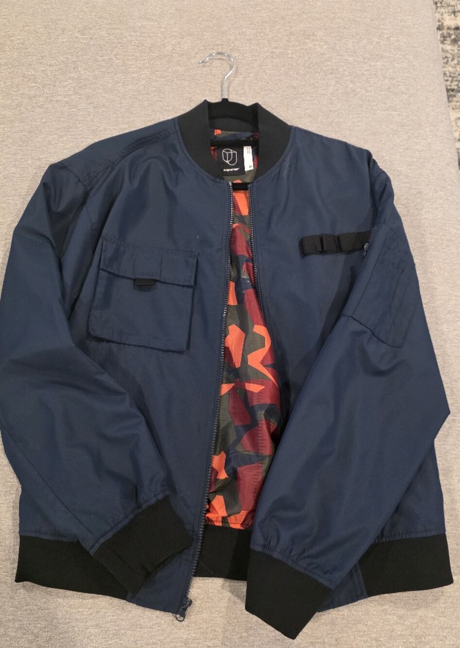 Original Use Navy Bomber Jacket with Red-Orange Camo Lining